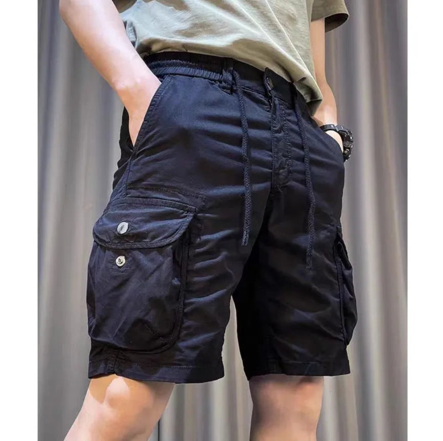 Men's loose straight-leg casual overalls with multiple pockets in khaki colour showing front and side views