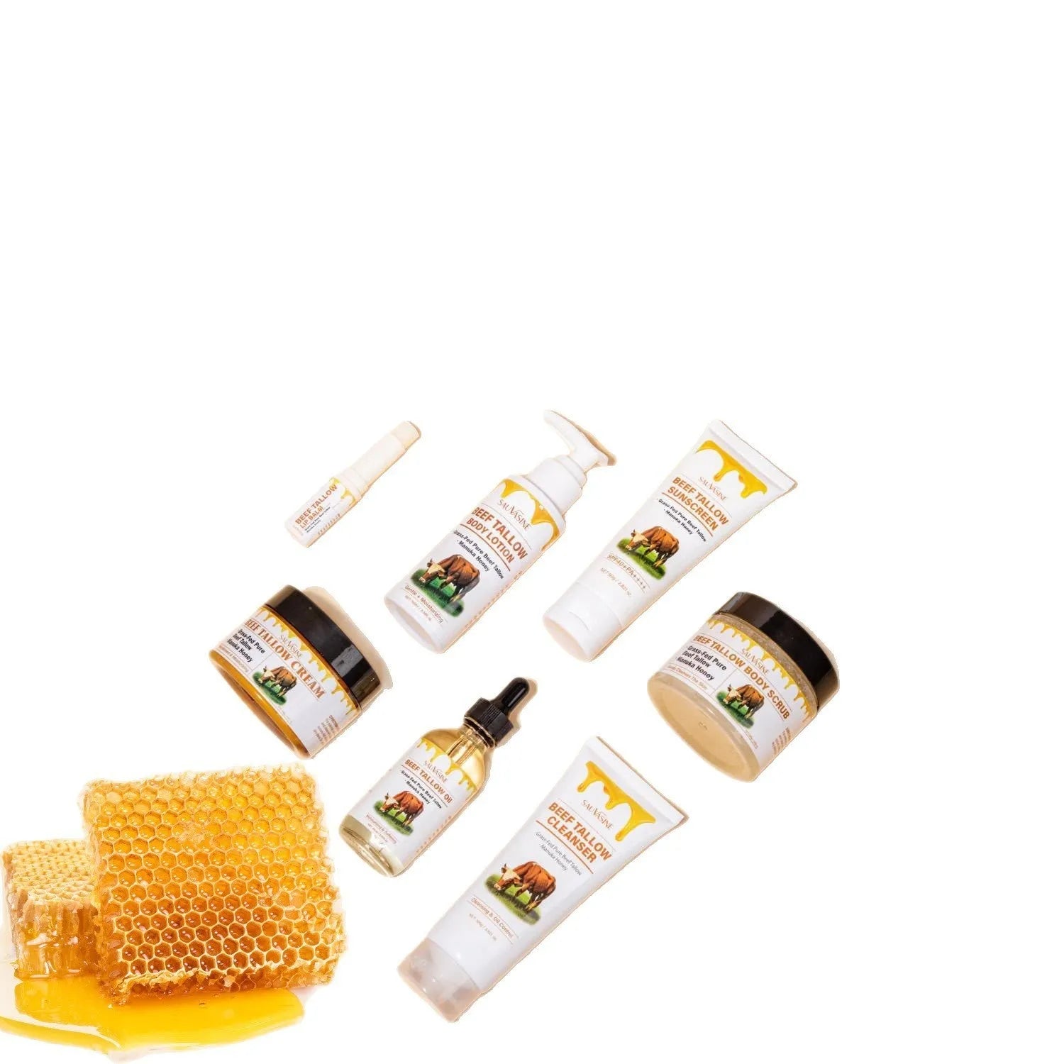 Seven-piece butter honey skincare set with face cream, cleanser, protective cream, lipstick, body lotion, facial scrub, and beef fat products