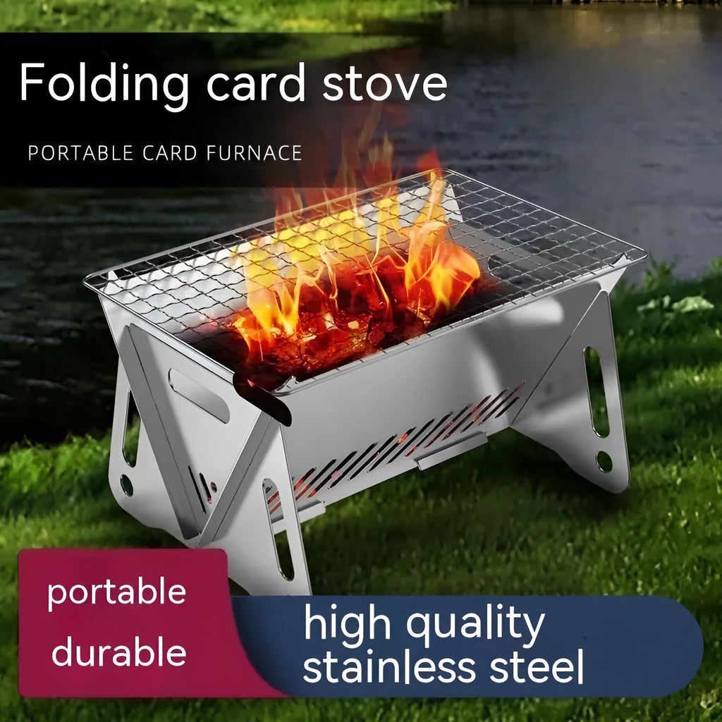 Folding stainless steel barbecue oven with grill rack, shown with storage bag