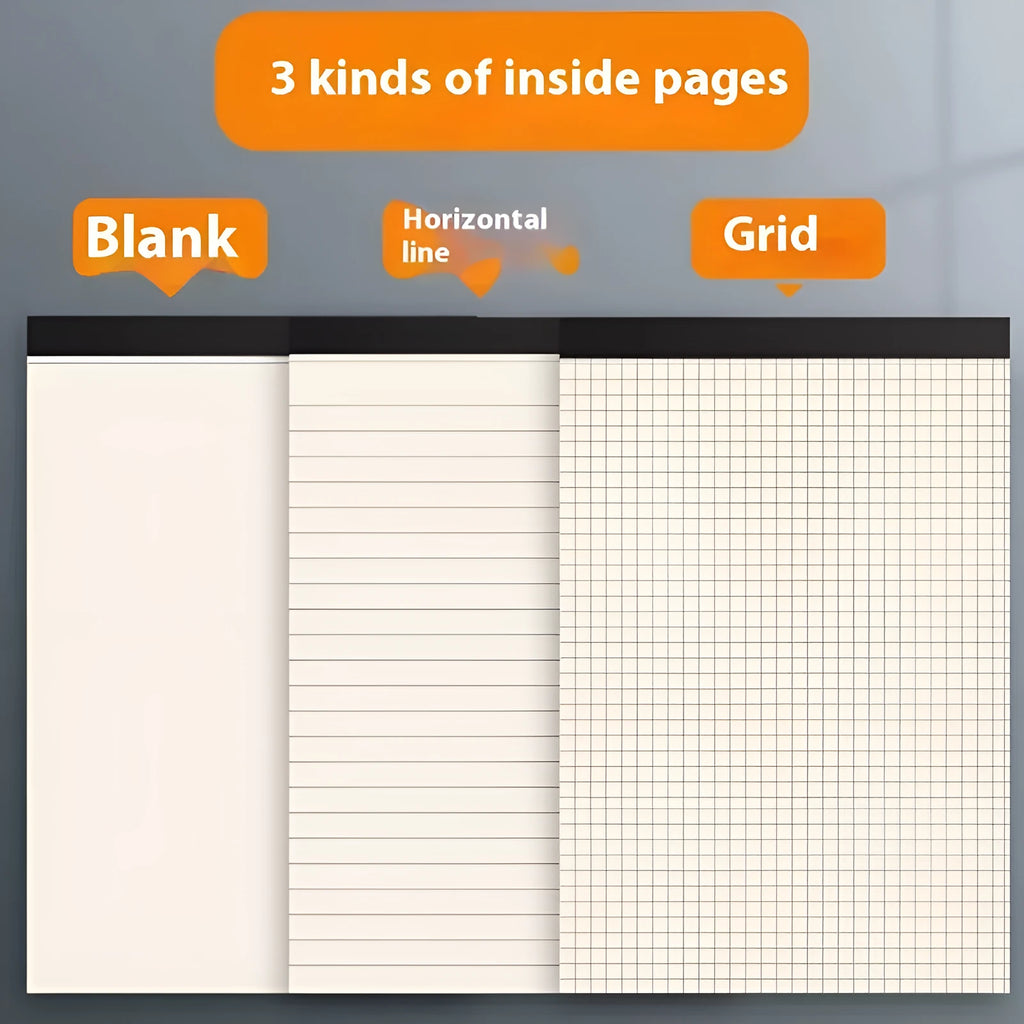 Writing pads in A5, B5 and A4 sizes with tearable pages in blank, grid and lined layout options