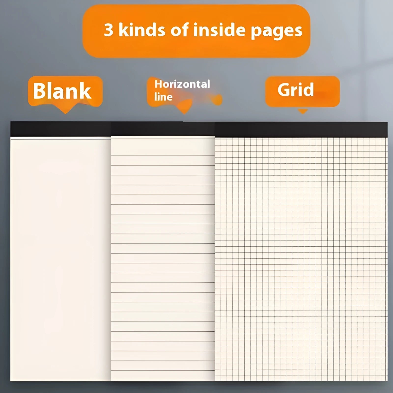 Writing pads in A5, B5 and A4 sizes with tearable pages in blank, grid and lined layout options