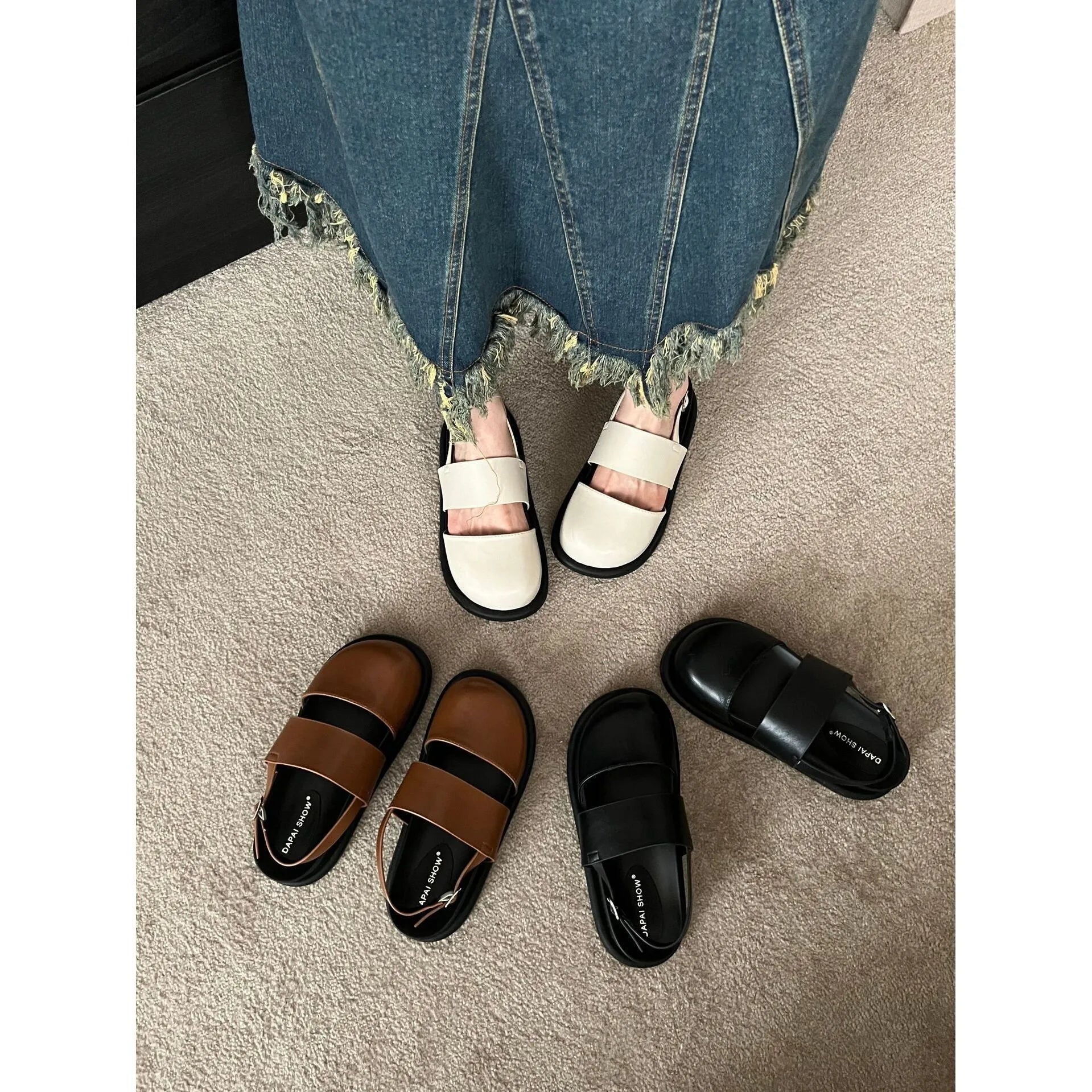Women's retro apricot closed-toe sandals with an ankle strap buckle on a microfiber upper.