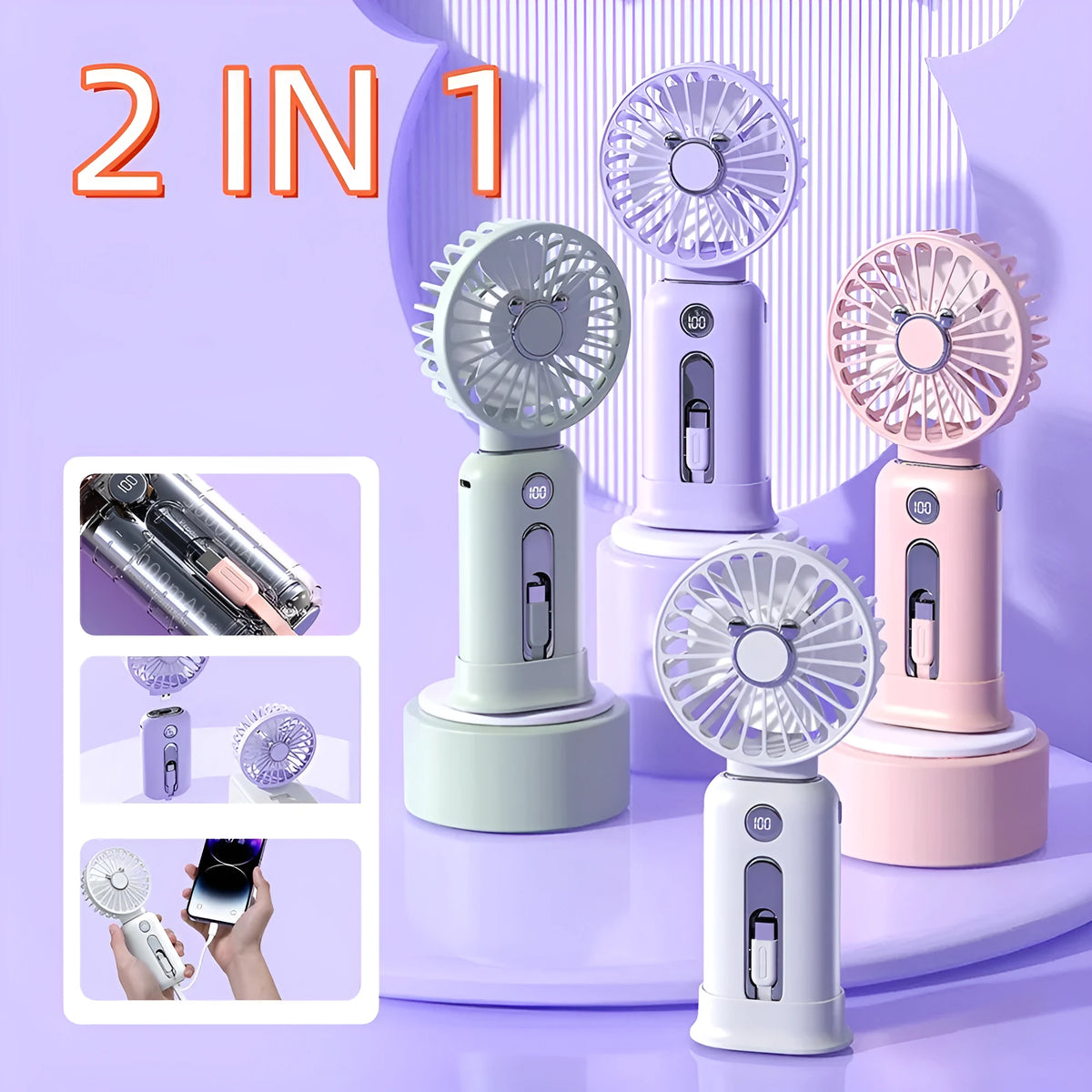 2-in-1 handheld fan with power bank, 3 speed, USB, 204*89*45mm, 88mm blade, purple white black pink green