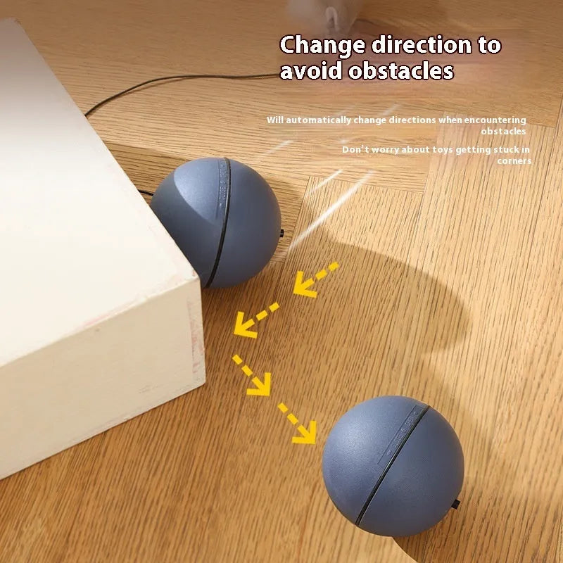 Automatic cat teasing ball toy with plush mouse attachment showing blue orange colour option