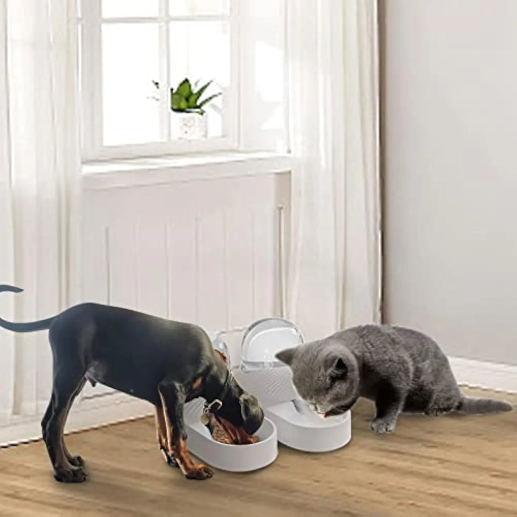 Pure white automatic cat food and water dispenser set with wave-shaped design on a countertop.