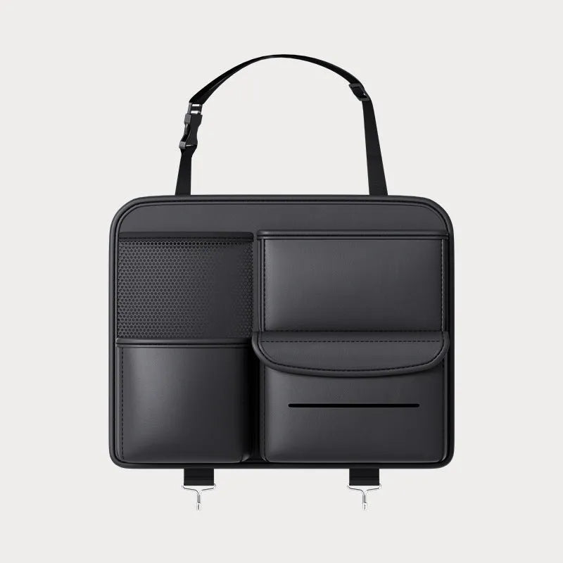 Black leather car seat back storage hanging bag with handle in large and small sizes