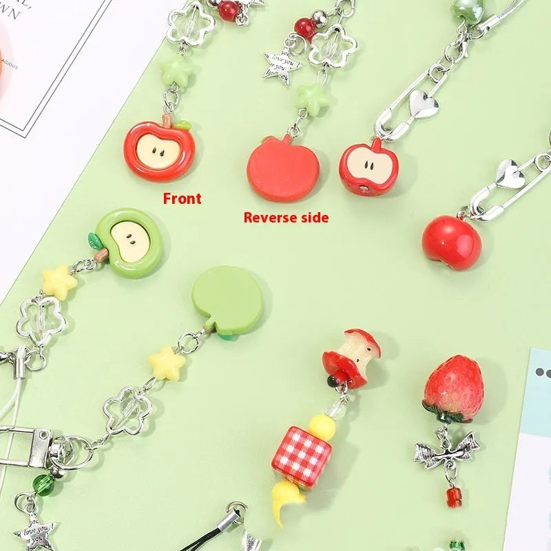 Plastic resin mobile phone keychain with fruit pattern including apple and strawberry designs