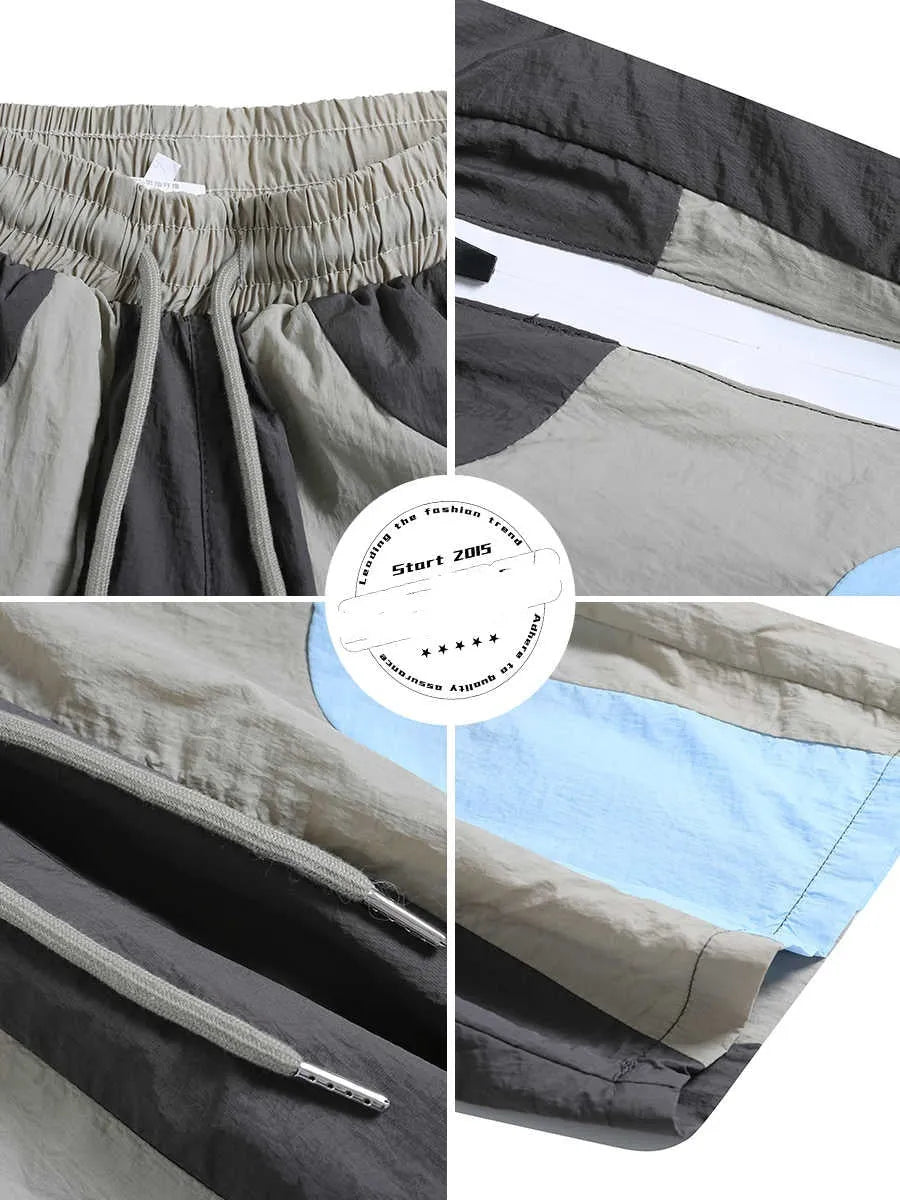 Blue patchwork quick-drying men's beach shorts with loose straight-leg fit for outdoor sports