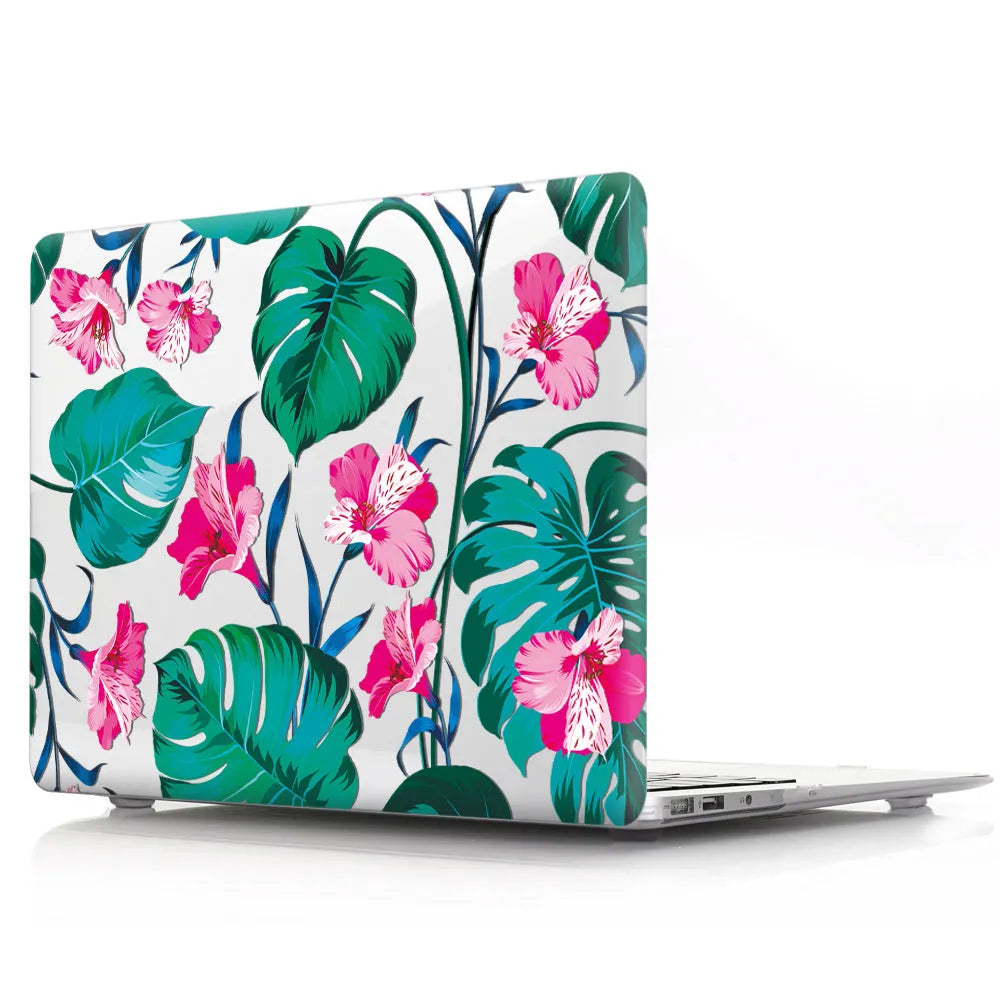 Hard plastic laptop protective shell with a partial floral print design for MacBook Air and Pro models.