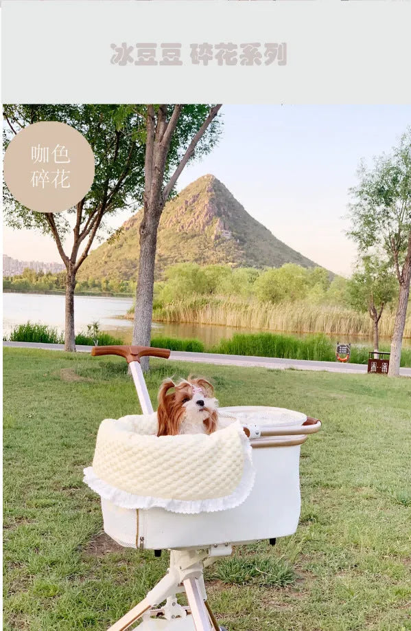 Pure cotton pet stroller accessory set showing removable towel, cushion and pillow in striped pattern