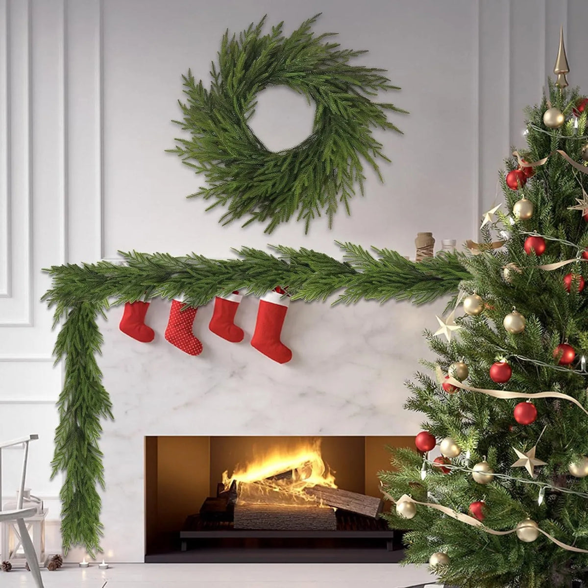 PE plastic artificial garland wreath with green leaves in a country style, 60cm wide.