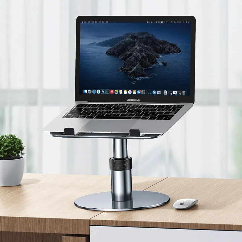 Silver aluminium car laptop stand with height adjustment and rotating base on a car seat