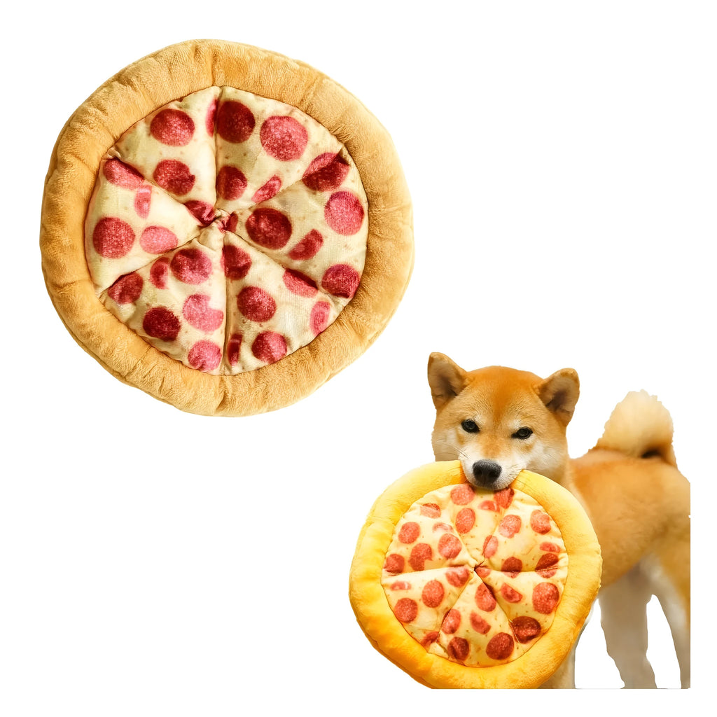 Yellow teddy pizza dog chewing toy with bone shape and squeaker