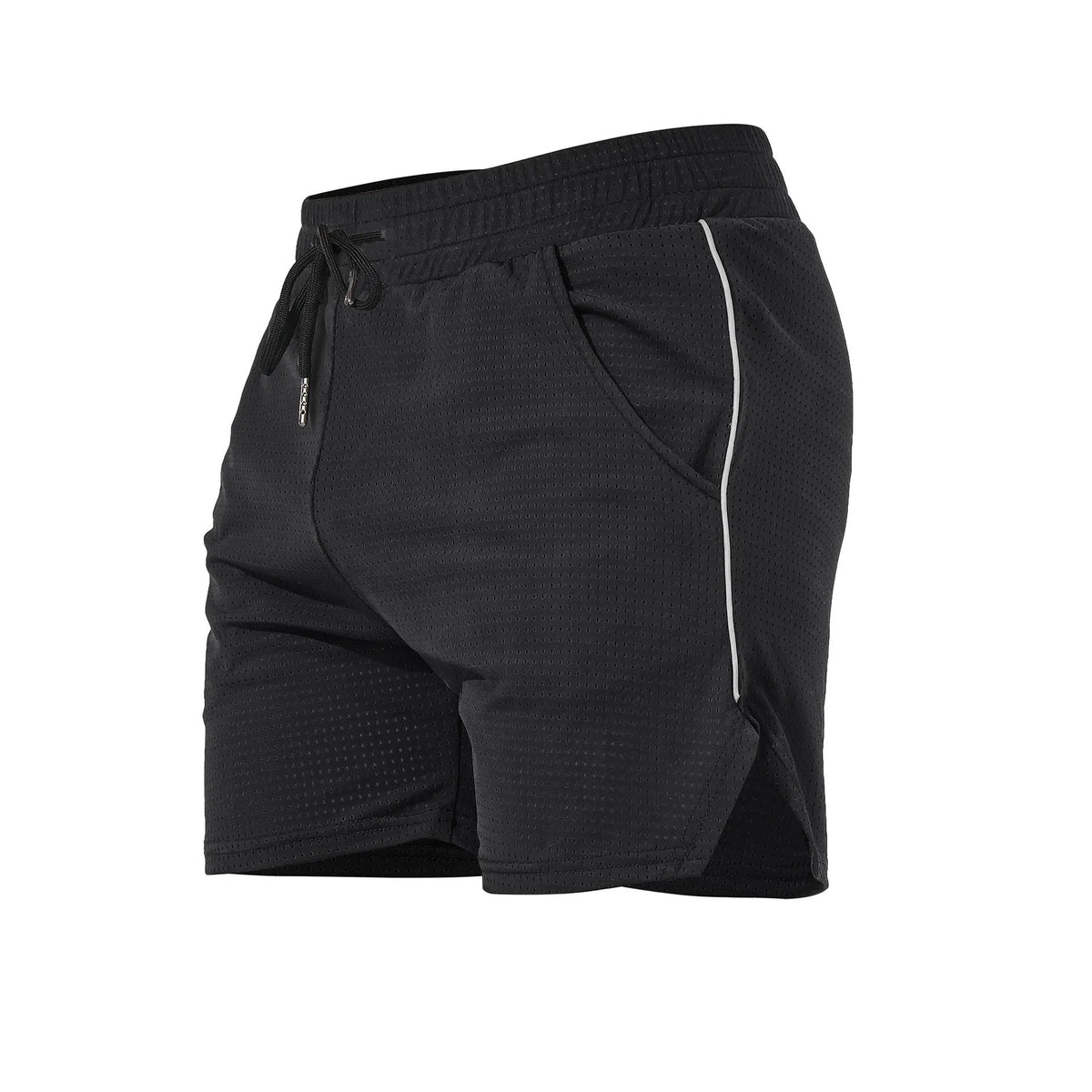 Men's straight-leg polyester sports shorts in black, available in sizes M to 3XL for fitness.