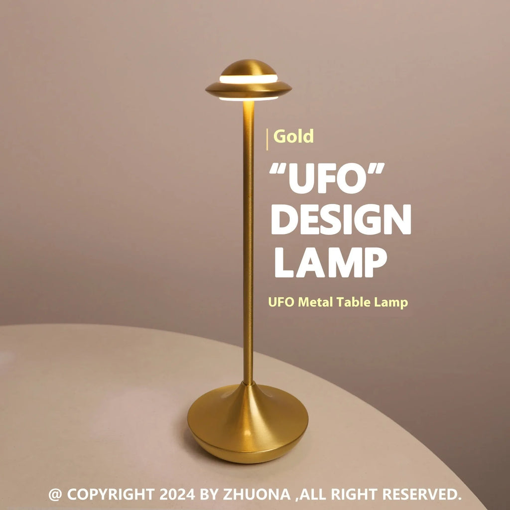 UFO-shaped metal table lamp with touch dimming in black, gold or grey finish