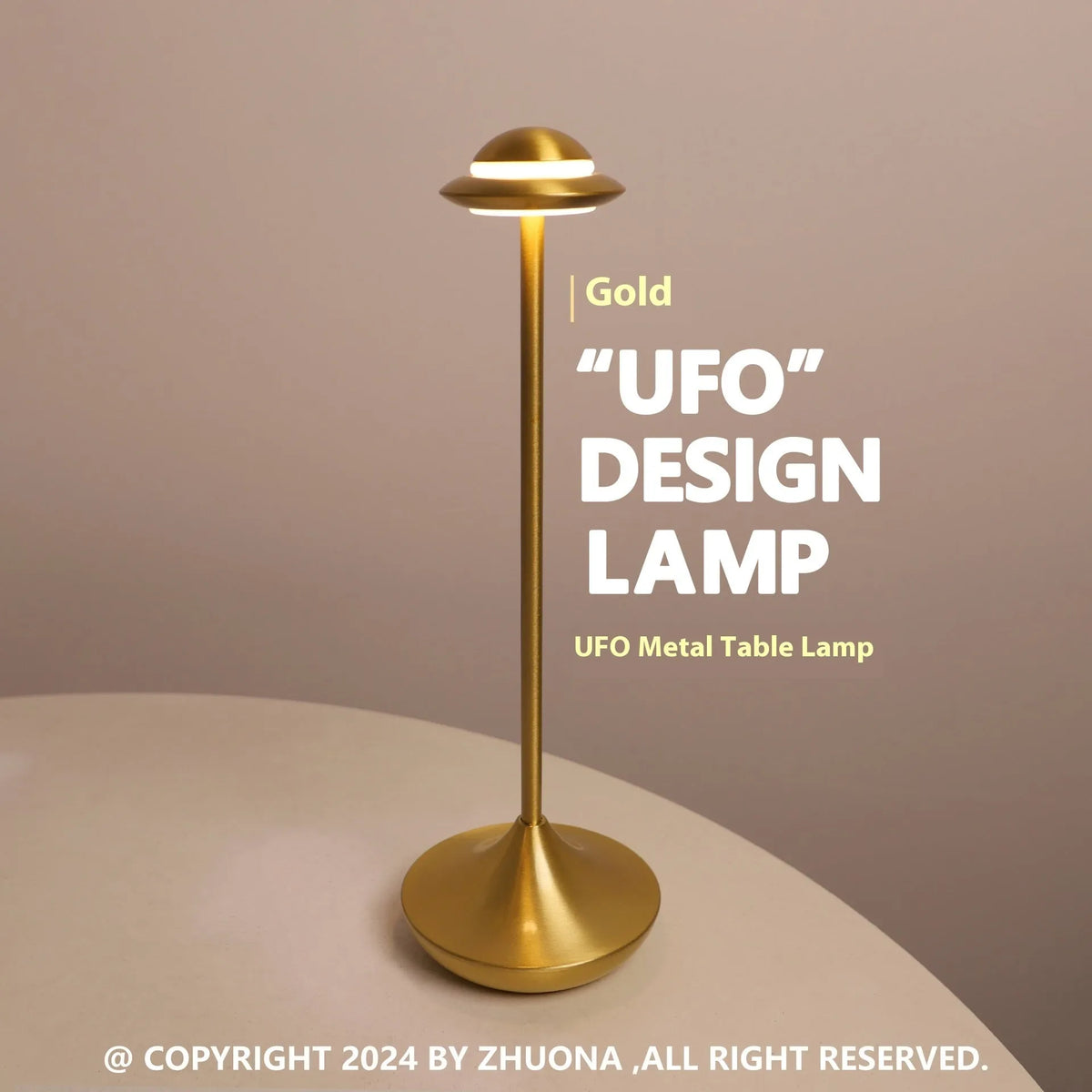 UFO-shaped metal table lamp with touch dimming in black, gold or grey finish