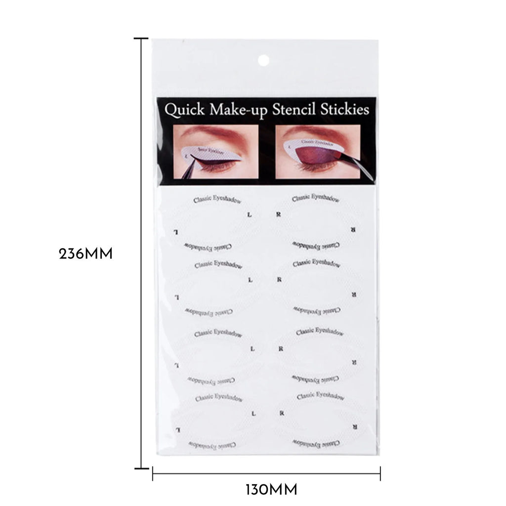 Set of four reusable eyeliner sticker templates showing different winged eyeliner and eyeshadow designs
