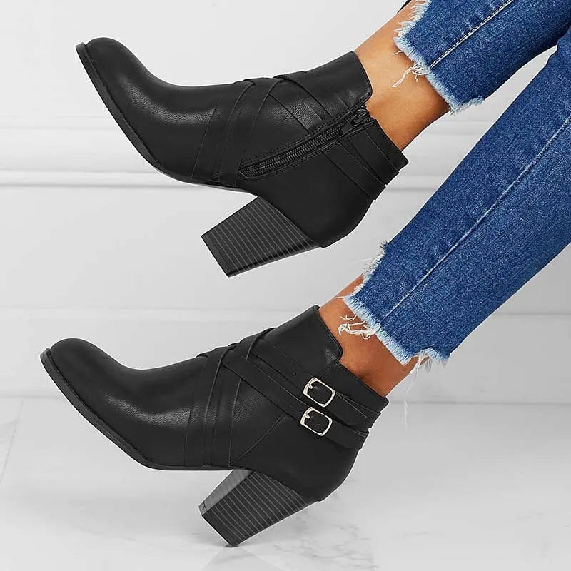 Grey PU leather short boots with a side zipper, belt buckle, and a 7cm thick rubber heel.