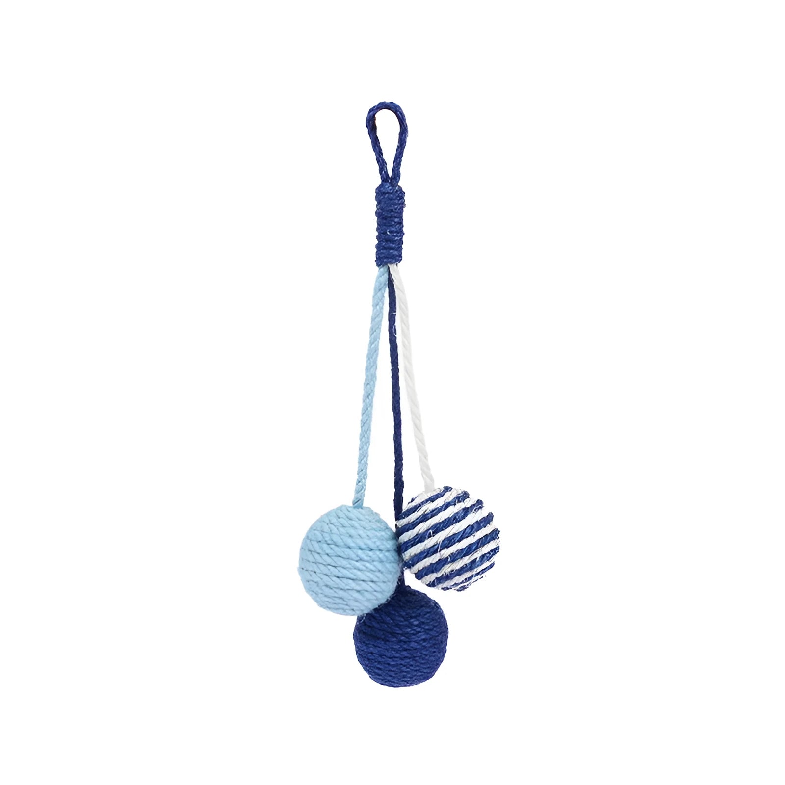 Cat toy set with teaser stick and colourful catnip balls on blue background