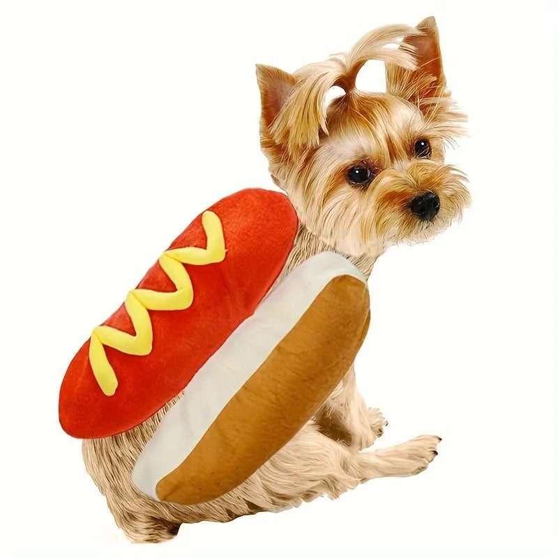 A dog wearing a stuffed polycotton hot dog costume suit for parties.