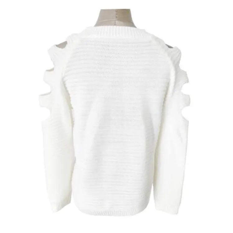 Women's solid colour crochet hollow-out knitted shirt with round neck and long sleeves