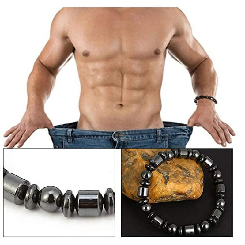 Black magnetic therapy bracelet with a pentagram stone design made from magnetite and hematite.