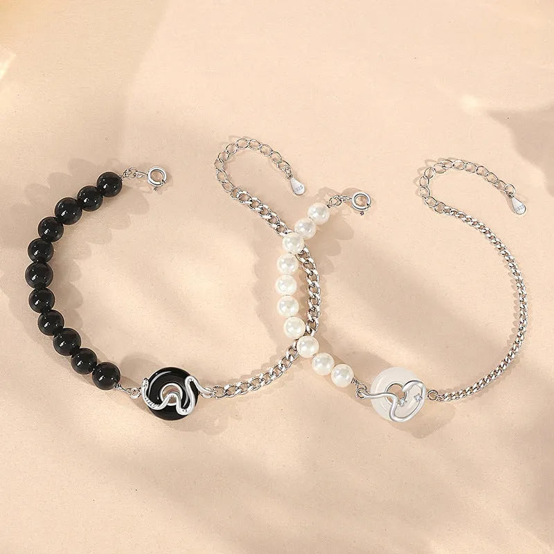 925 sterling silver couple bracelet with snake design and safe buckle in New Chinese style.