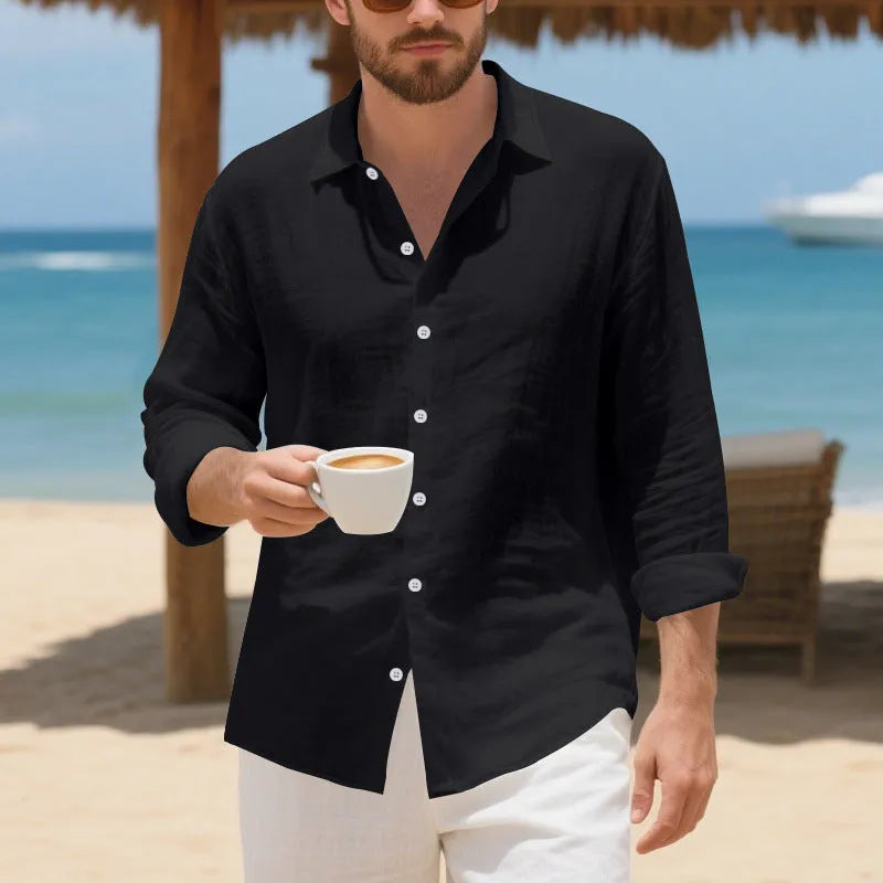 Men's loose-fit linen casual shirt in Army Green colour with non-ironing construction