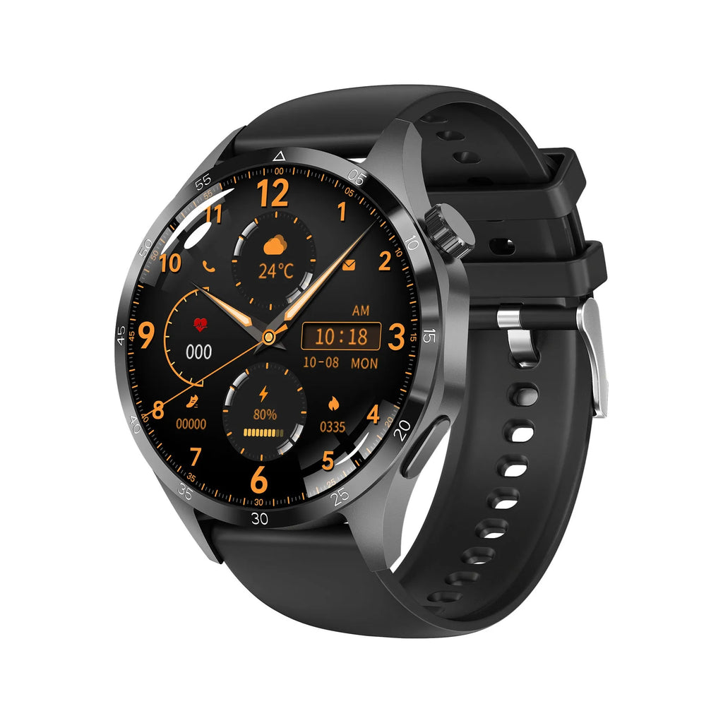 Black Bluetooth smartwatch with TFT touchscreen displaying health metrics and call functions