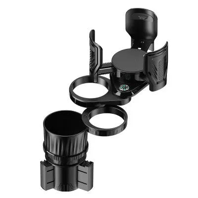 Carbon fibre black adjustable car cup holder with retractable base expanded to show size adjustment