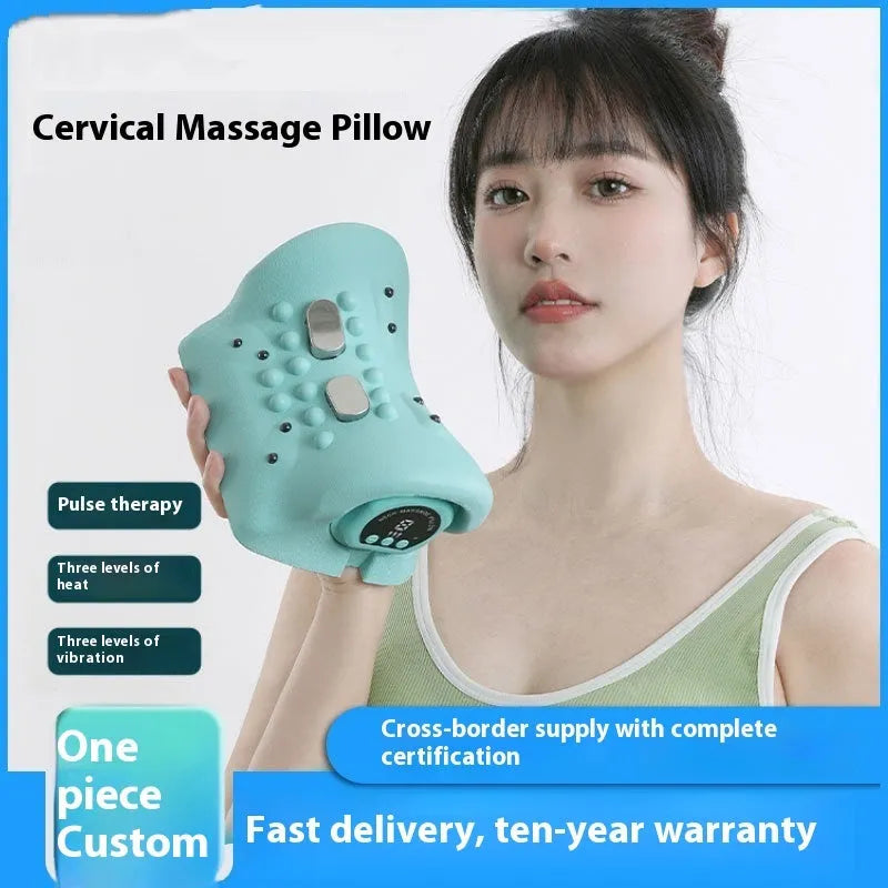 Blue-green portable EMS and hot compress massage pillow for shoulders and neck