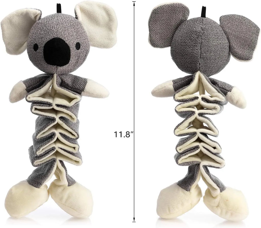 Gray koala plush dog toy with crinkle paper and squeaker, measuring 30cm long.
