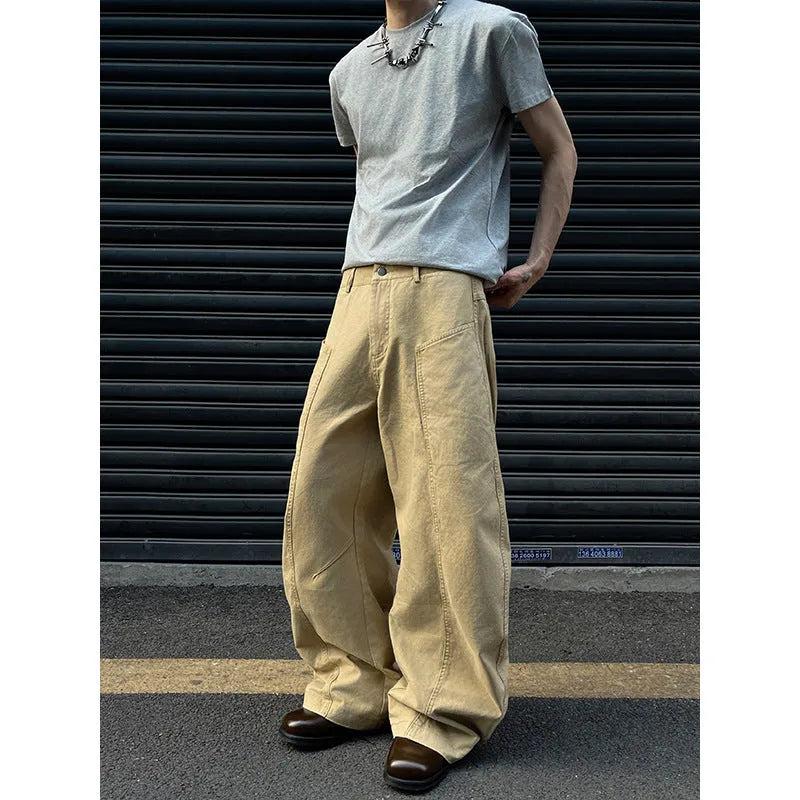 Men's khaki cotton straight-leg trousers in American retro style displayed flat