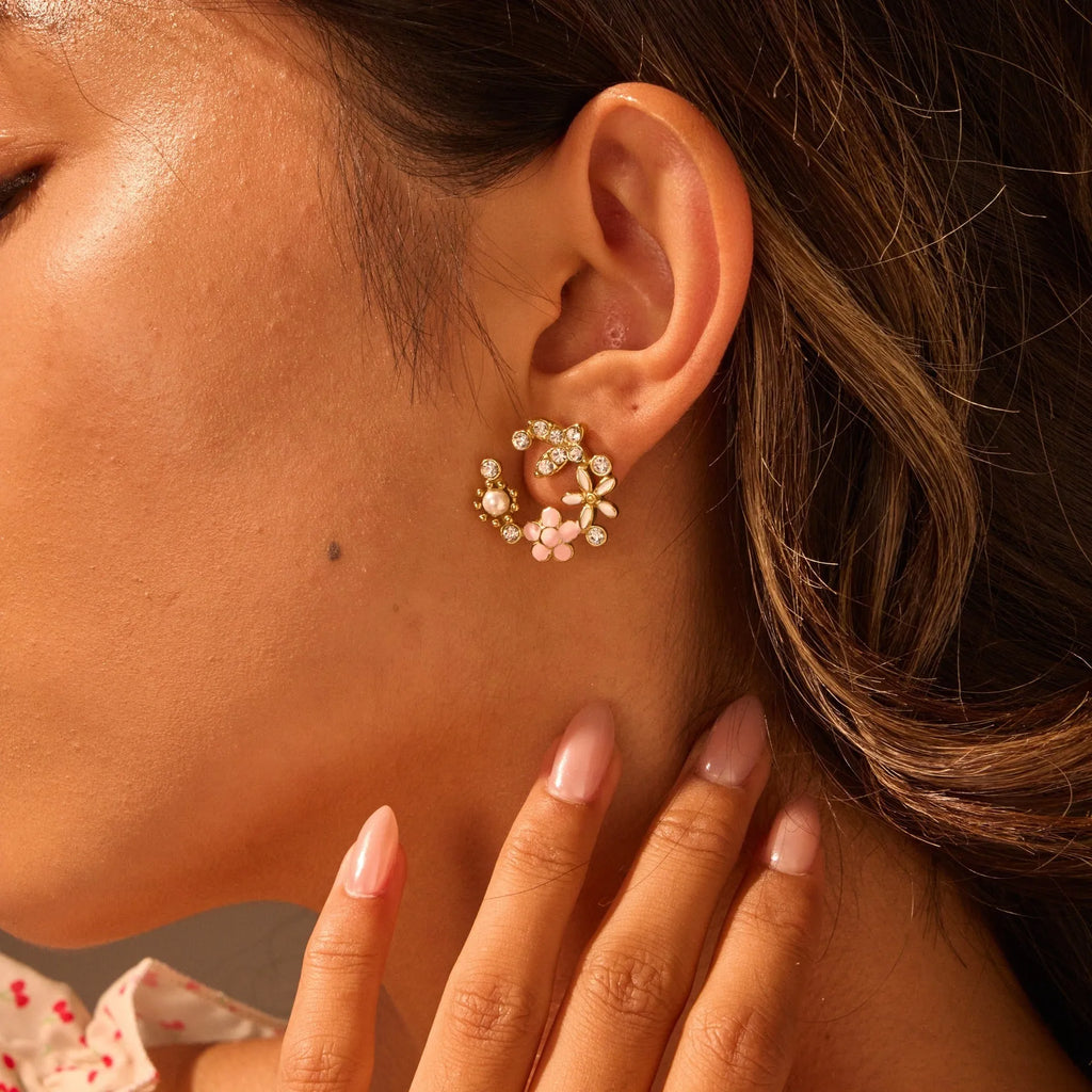 Gold electroplated flower stud earrings with petal design and colourful oil finish