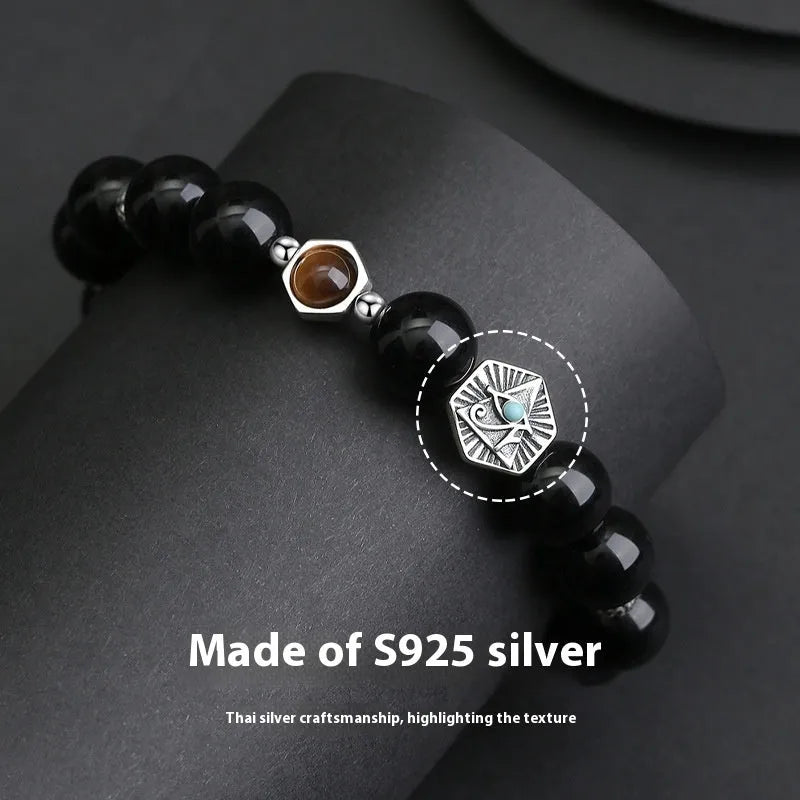 Men's retro geometric S925 silver bracelet with 8mm Tigereye Obsidian God's Eye beads.