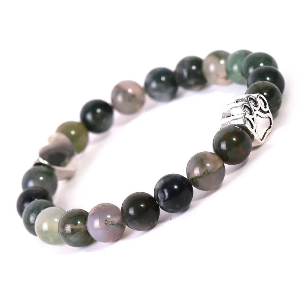 Tiger's Eye and Indian Agate stone beaded bracelet with a dog's paw charm on a white background.