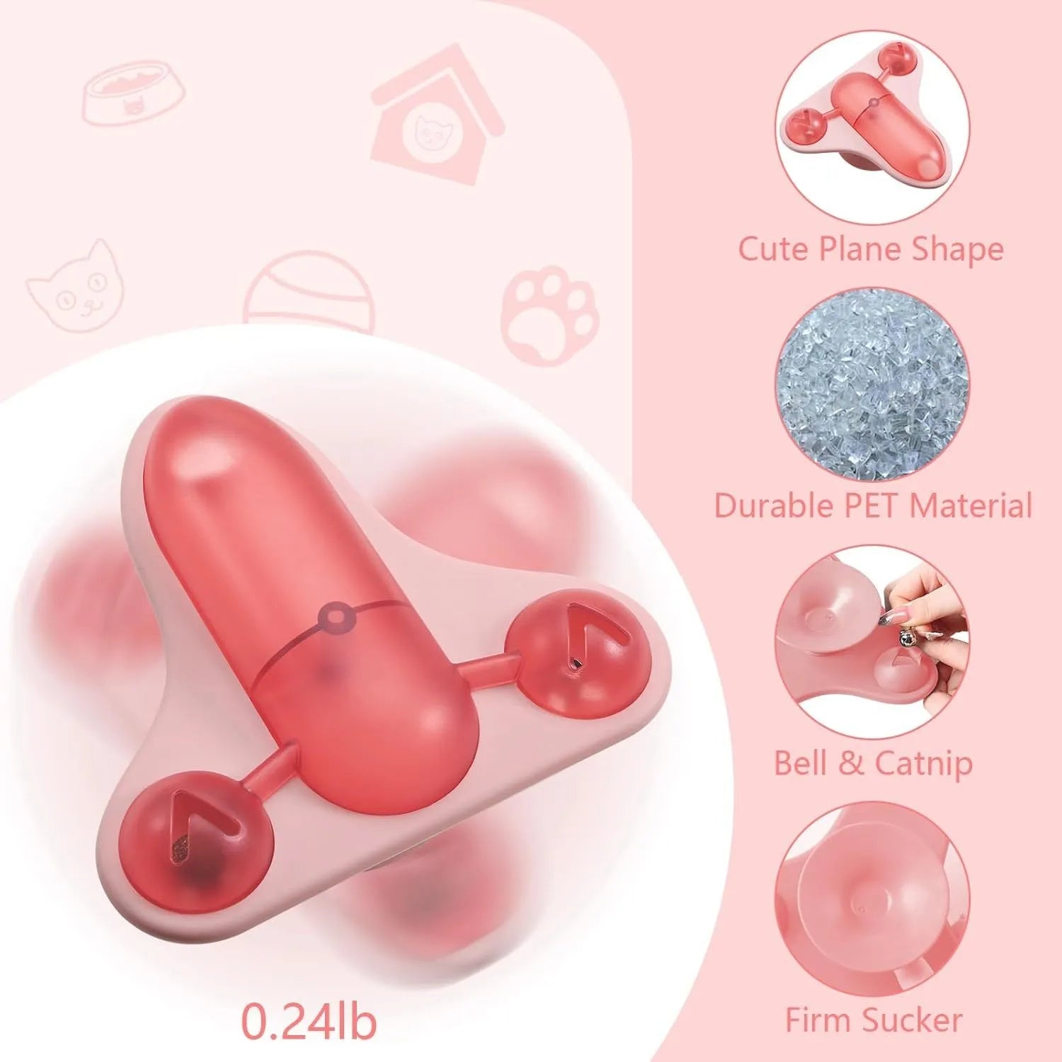 Interactive pet puzzle feeder toy with blue, green, and pink colour options, showing bell, catnip, and snack cabin.
