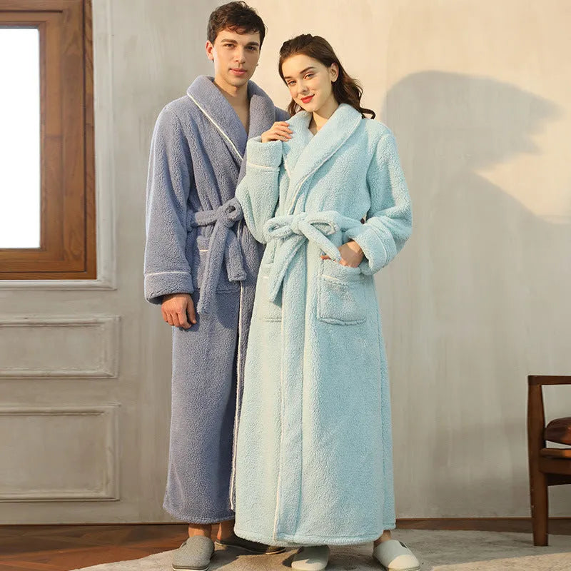 Thickened cotton velvet couple's bathrobe set in winter flannel fabric