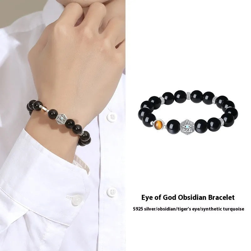 Men's retro geometric S925 silver bracelet with 8mm Tigereye Obsidian God's Eye beads.