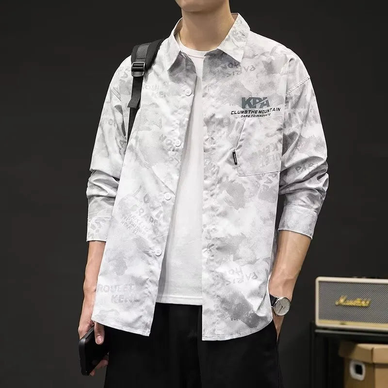 Men's Japanese-style retro camouflage long sleeve linen shirt in army green or white, sizes M to XXXL