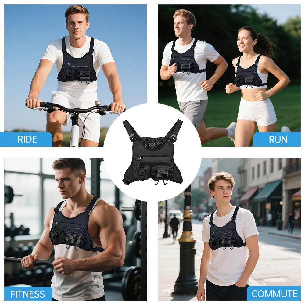 Black Oxford cloth chest bag with breathable vest straps and visible stitching.