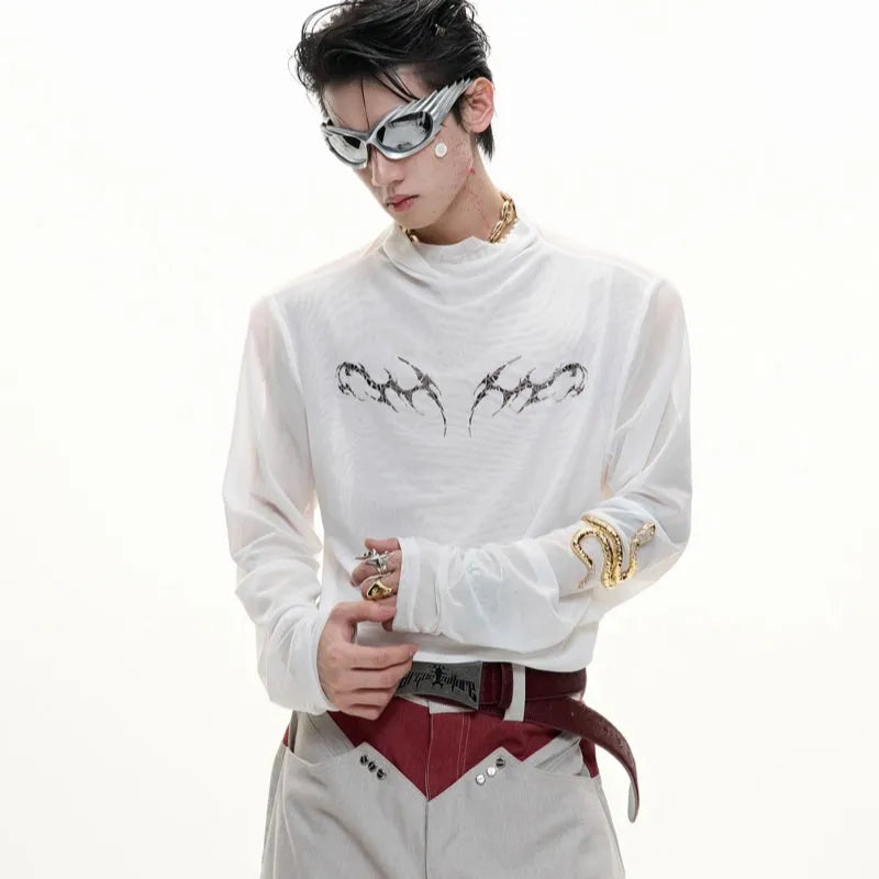 Men's black slim-fit long sleeve mesh shirt, a base layer made from polyester and spandex fabric.