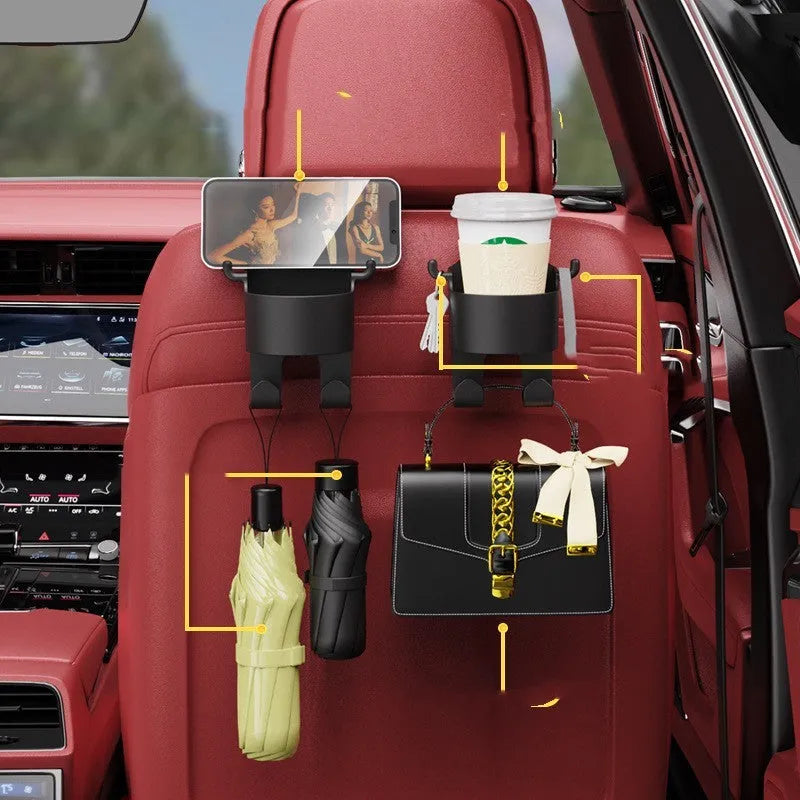 Black plastic car seat back organiser with cup holder and hook measuring 8.5 × 7.1 × 14.4 cm