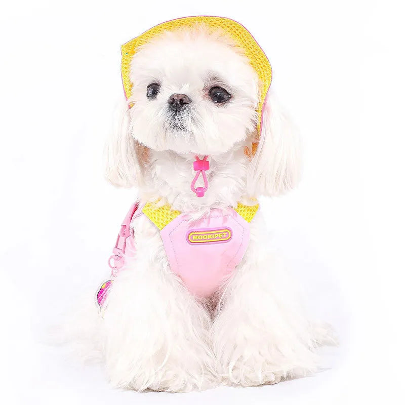 Pink polyester pet vest for small dog breeds like Bichon Frise on a mannequin