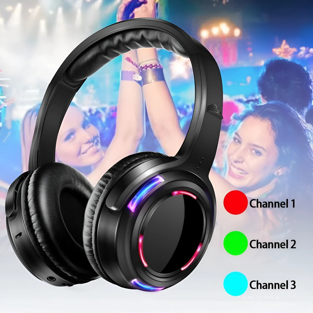 Black silent disco wireless headphones with head-mounted design and 3.5mm connection cable