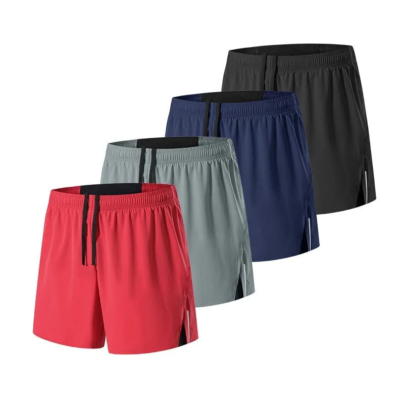 Men's red off-road running shorts with high waist and loose fit on a running trail.