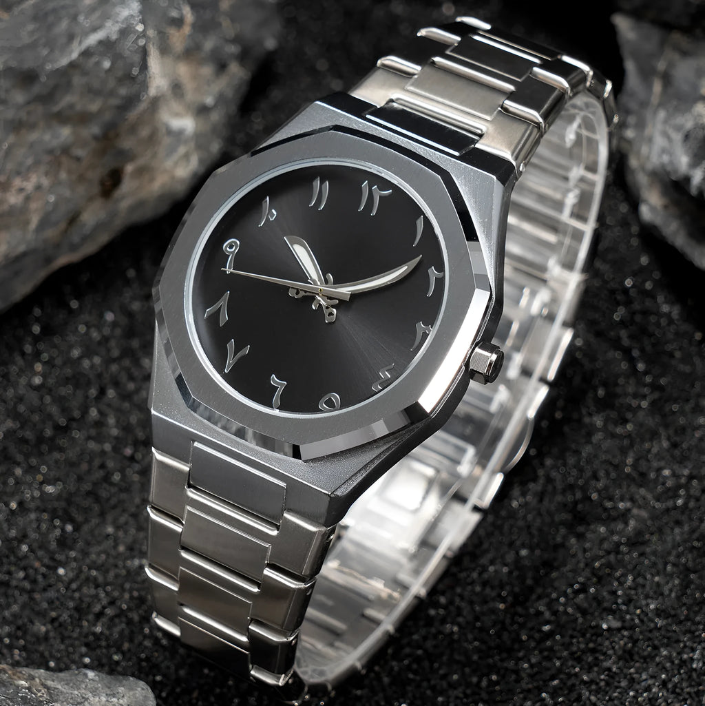 Men's business casual quartz watch with stainless steel band showing 10mm thickness and professional dial