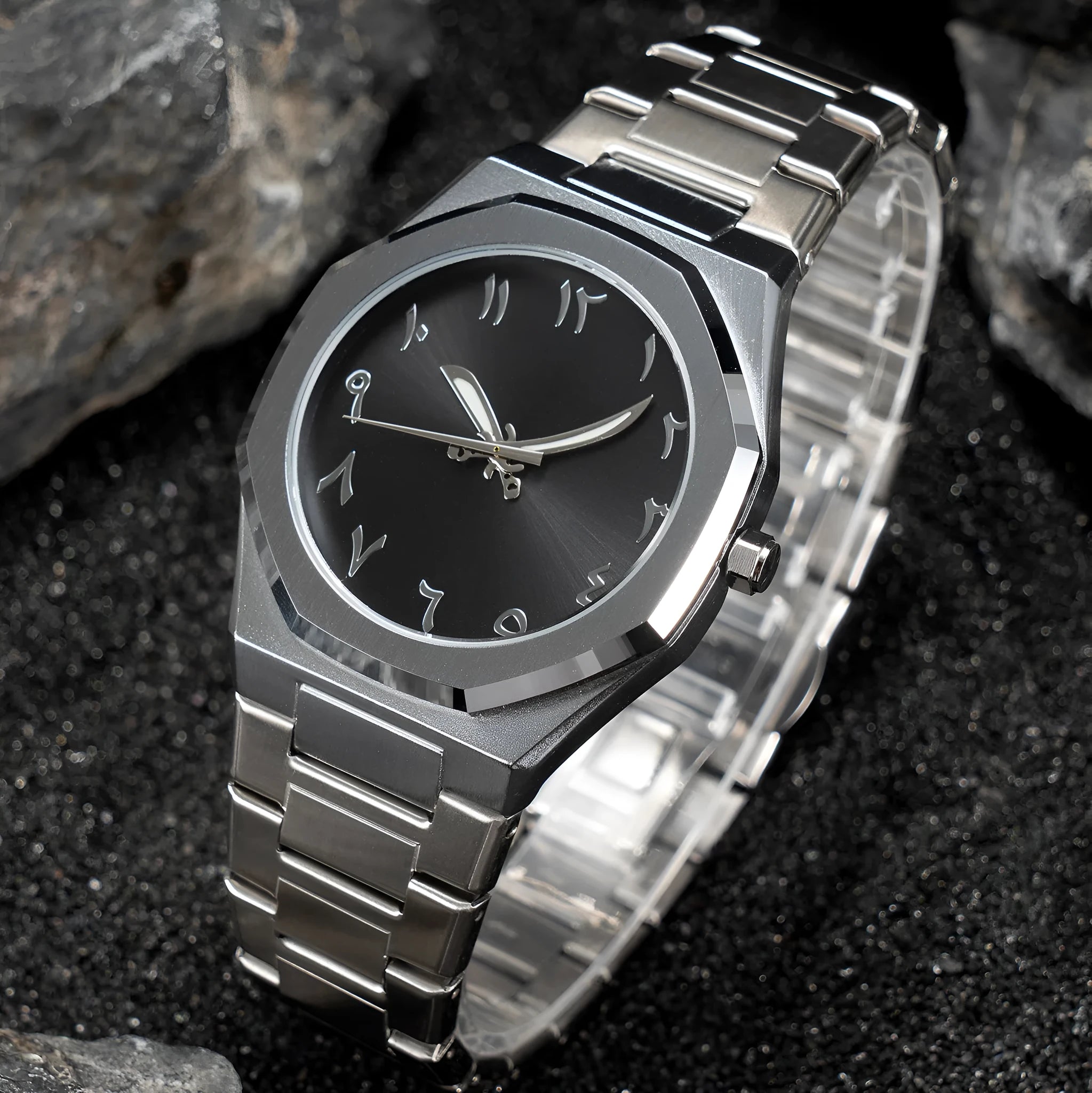 Men's business casual quartz watch with stainless steel band showing 10mm thickness and professional dial