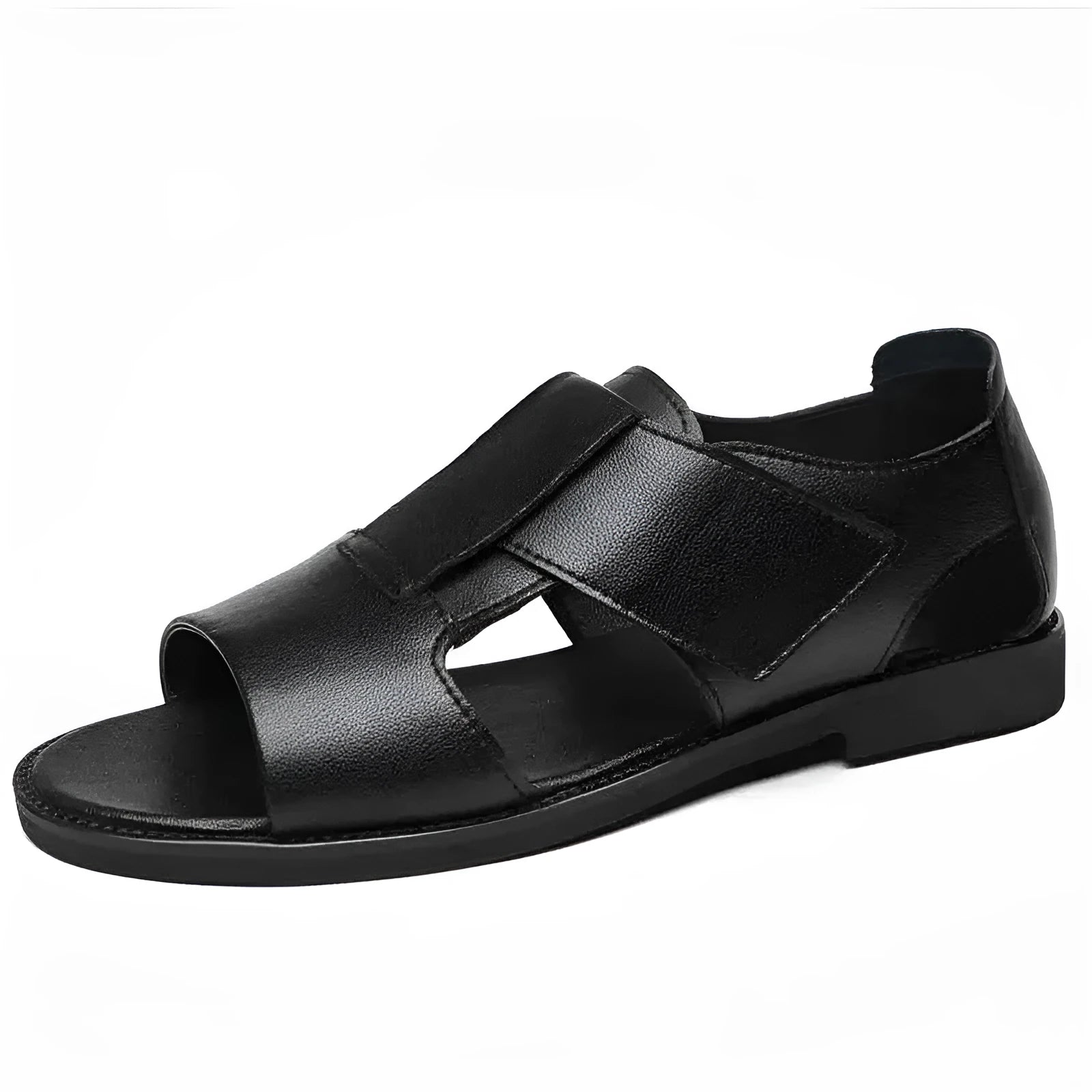 Men's black leather Roman sandals with open-toe design and rubber soles