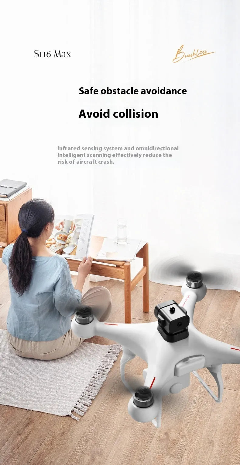 S116 brushless UAV drone with four-side obstacle avoidance and HD camera in black or white colour options